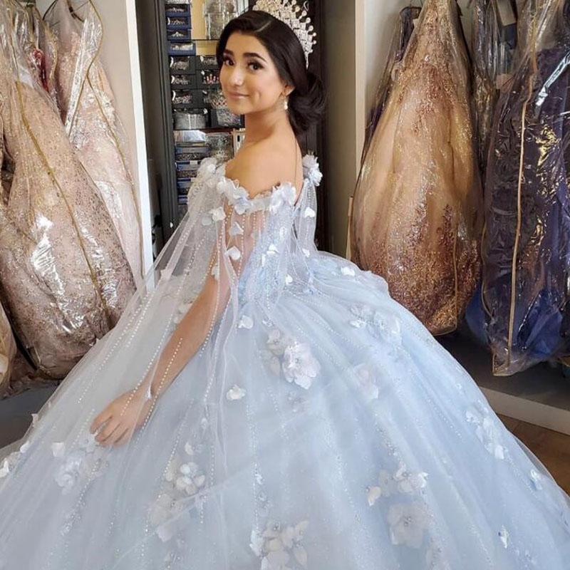 Light Blue Quinceanera Dress with cape wrap 2021 Off Shoulder Flowers Sequins Beads Puffy Party Princess Sweet 16 Gown Vestidos De 15 Años