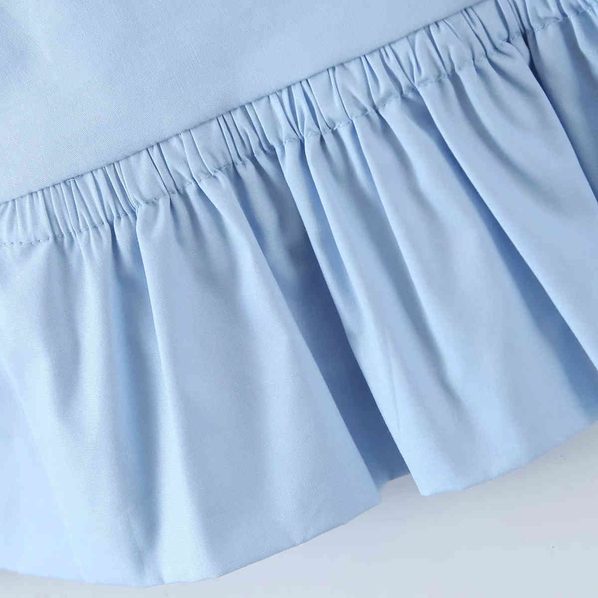 Summer Blue Wide Shoulder Belt Hem Popplin Short Blouse Pleated Fashion Square Neck Cropped Top Female Suspender Vest 210521