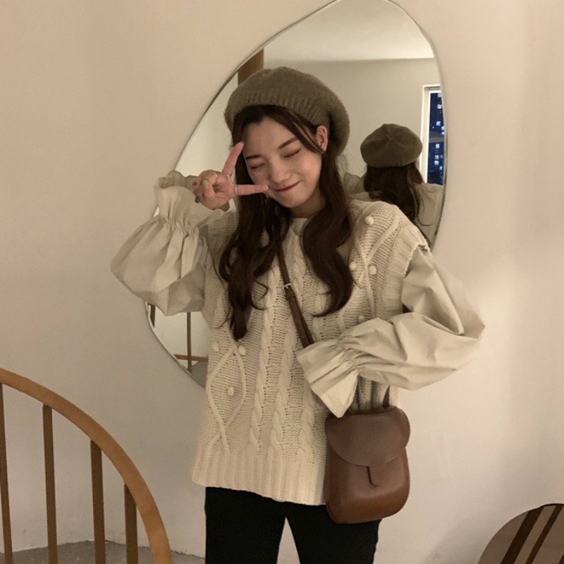 Neploe Fall Women Clothes Knitwear Sweater Vest Solid Shirt Loose Casual Knitted Pullovers Korean Fashion Female Tops 4F881 210422