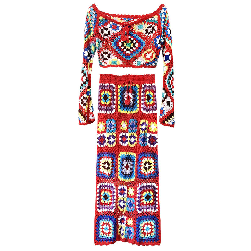 Sexy Bikini Cover-ups Handmade Crochet Boho Off Shoulder Two-Pieces Suit Maxi Dress Vintage Women Beach Cover up Chic Skirt A443 210420