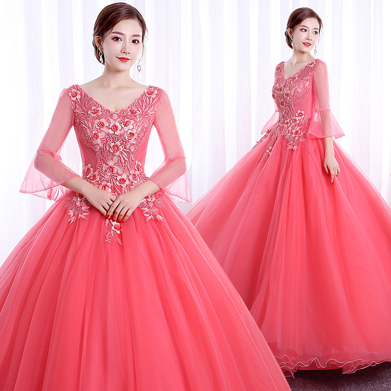 Quinceanera Dresses 2021 Beaded Party Prom Formal Three Quarter Sleeve V-neck Ball Gown Vestidos De 15 Anos QC1379