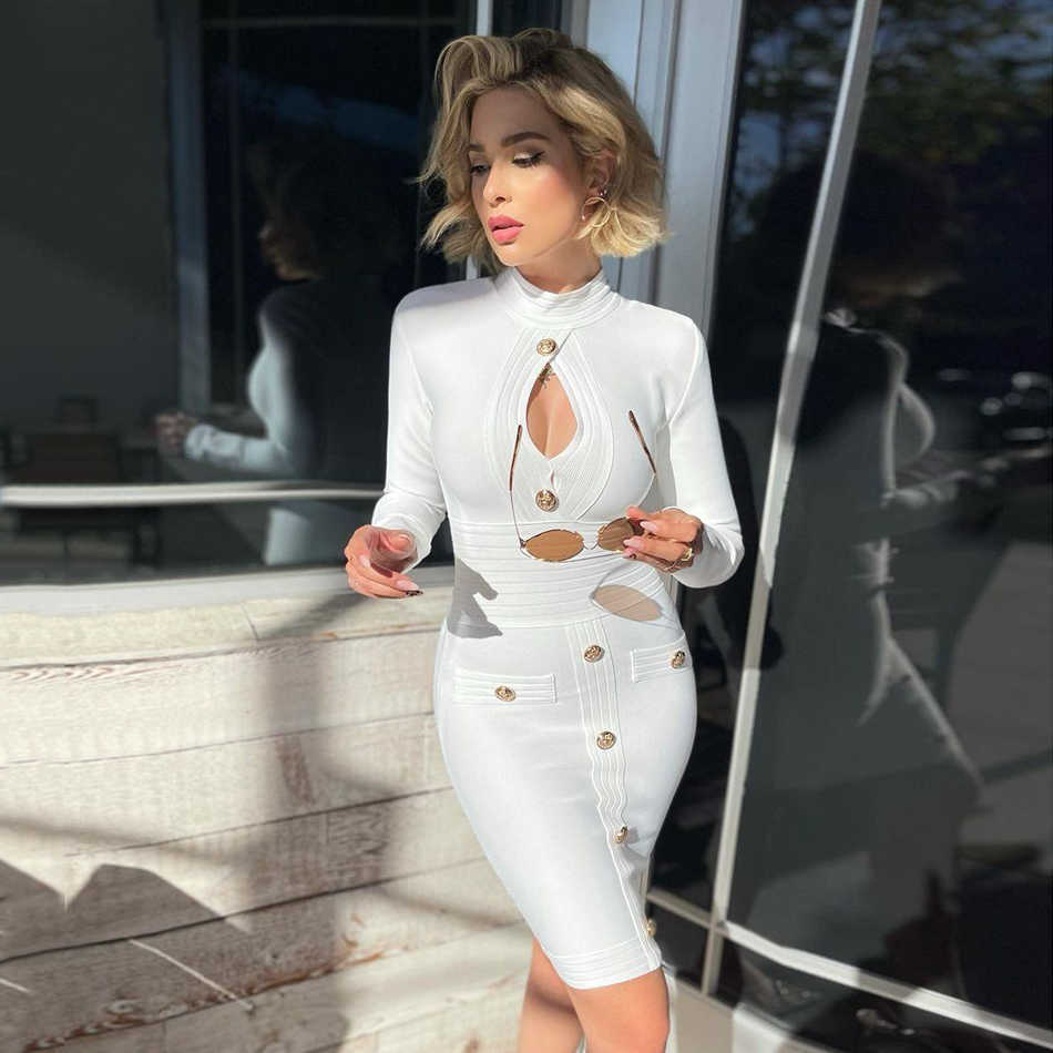 High Quality Women's Sexy Button White Long Sleeve Celebrity Bodycon Rayon Bandage Dress Elegant Runway Party 210525