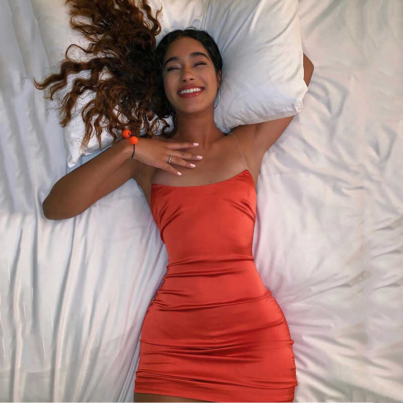 Colysmo 2 Layers Summer Sexy Dress Women Clear Spaghetti Straps Backless Bodycon Party Elegant Red Satin Mini Pencil 210527