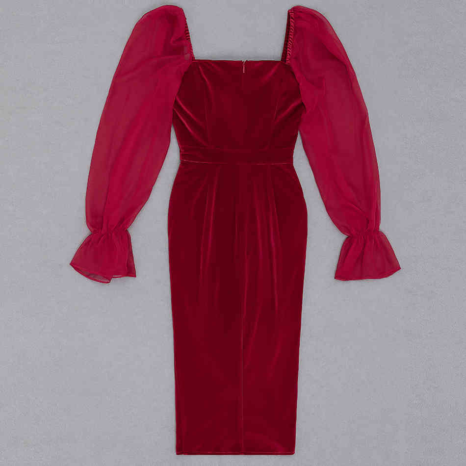 Free Spring Women's Burgundy Velvet Dress Sexy Lantern Sleeve Bodycon Draped Club Party Midi Vestidos 210524