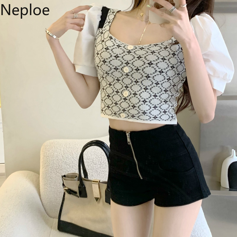 Neploe Women T Shirt Sweet Korean Crop Top Square Neck Patchwork Plaid Thin Knitted Shirts Summer Puff Short Sleeve Fashion Tops 210422