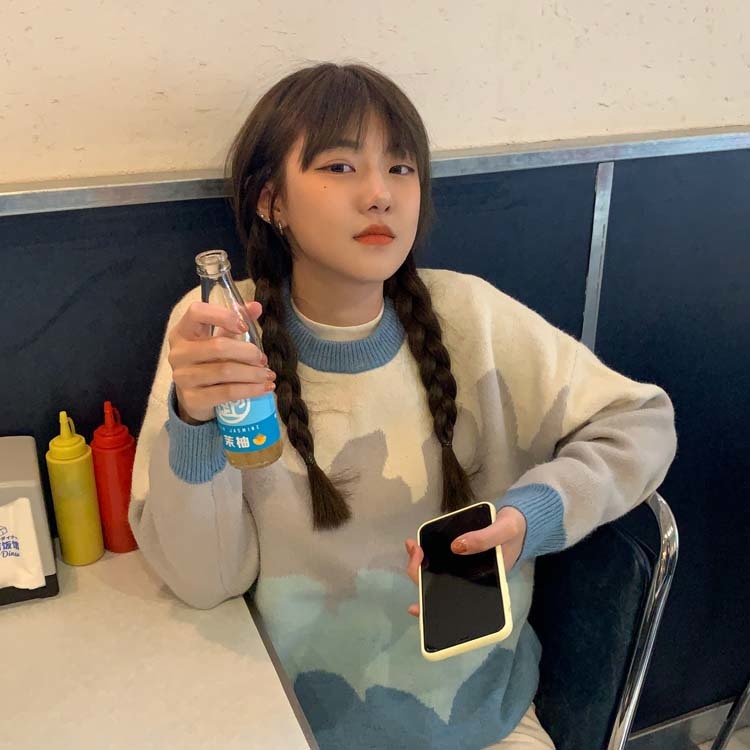 2 colors Korean style loose Knitted warm Sweaters Women patchwork Rabbit fur soft women sweaters and pullovers (F1468 210423