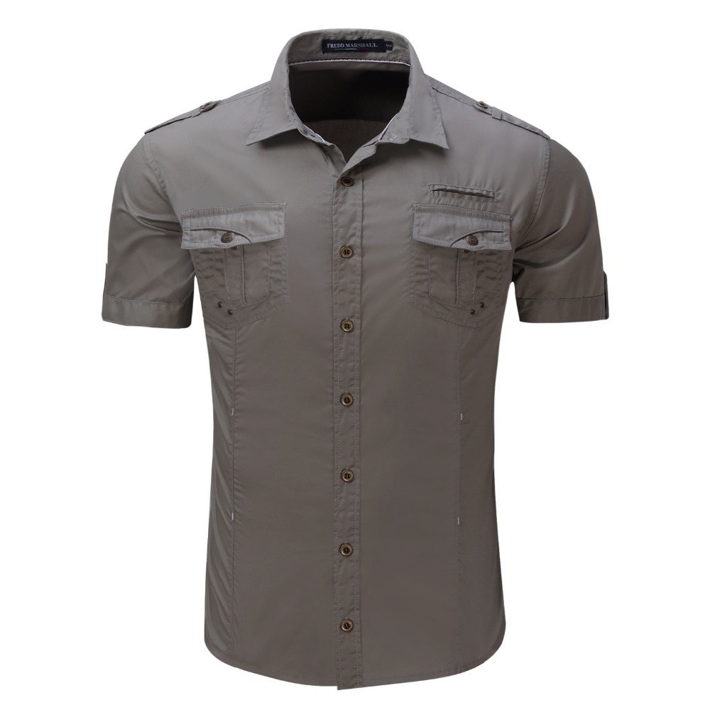 Men's Shirt Short Sleeve Cargo Shirt Fashion Casual Summer Uniform Military Style Cotton Solid Male Casual Shirt Khaki Grey 210518