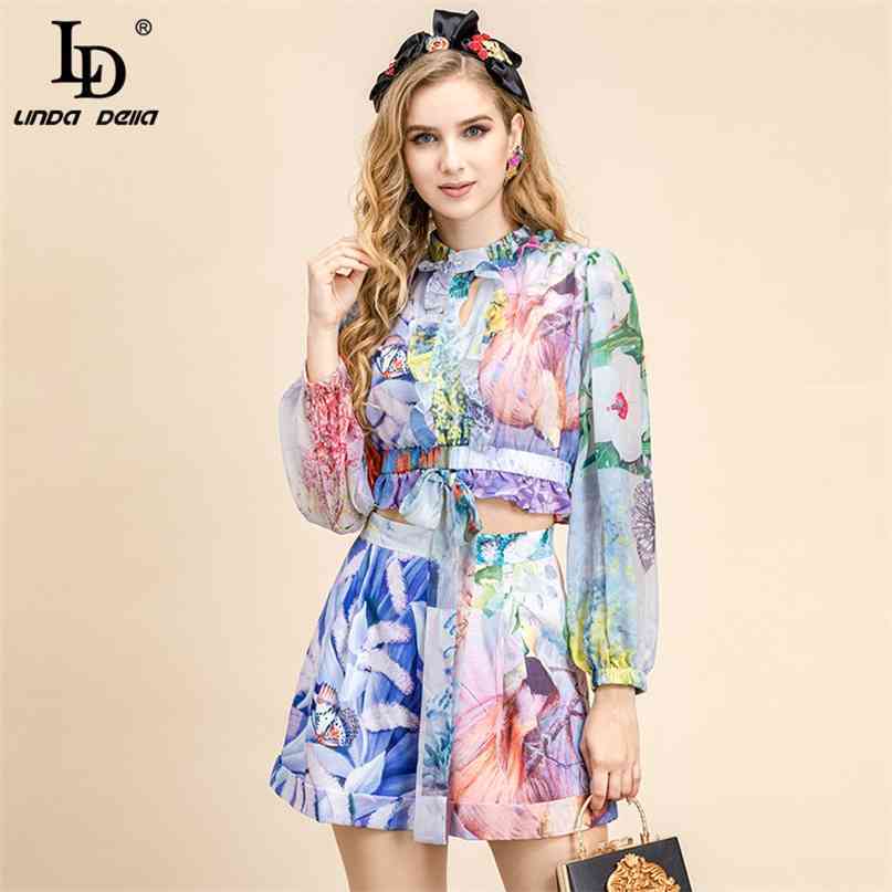 Summer Casual Holiday Suit Print Long Sleeve Bow Lace up Crop Top Beach Shorts Outfits Ladies 2 Piece Set 210522