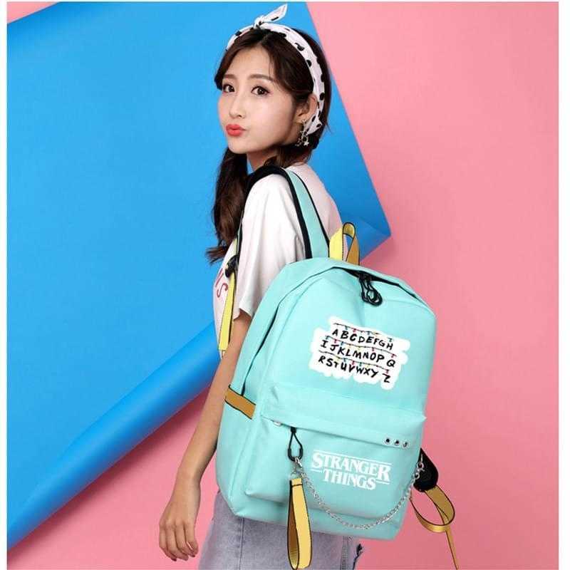 Female backpack Stranger Things Canvas Backpack Canvas Student Schoolbag Women Letters Print Girls Ribbons USB Charge Backpack Y0804