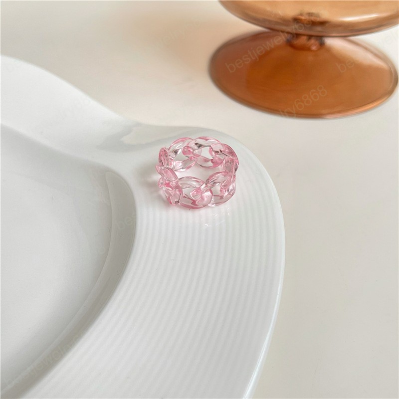Korean Individual Retro Color Resin Acrylic Geometric Chain Rings for Women Party Jewelry