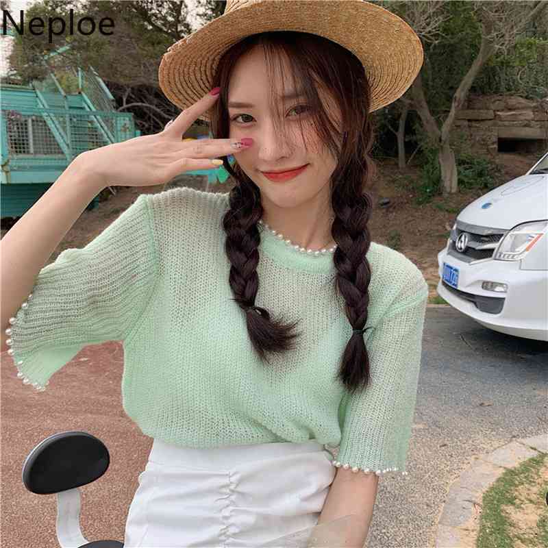 Neploe Short Sleeve Knitted T Shirts Summer Thin Loose See Through Slim Beading Pearl Tees Solid Temperament Pullover Tops 210422