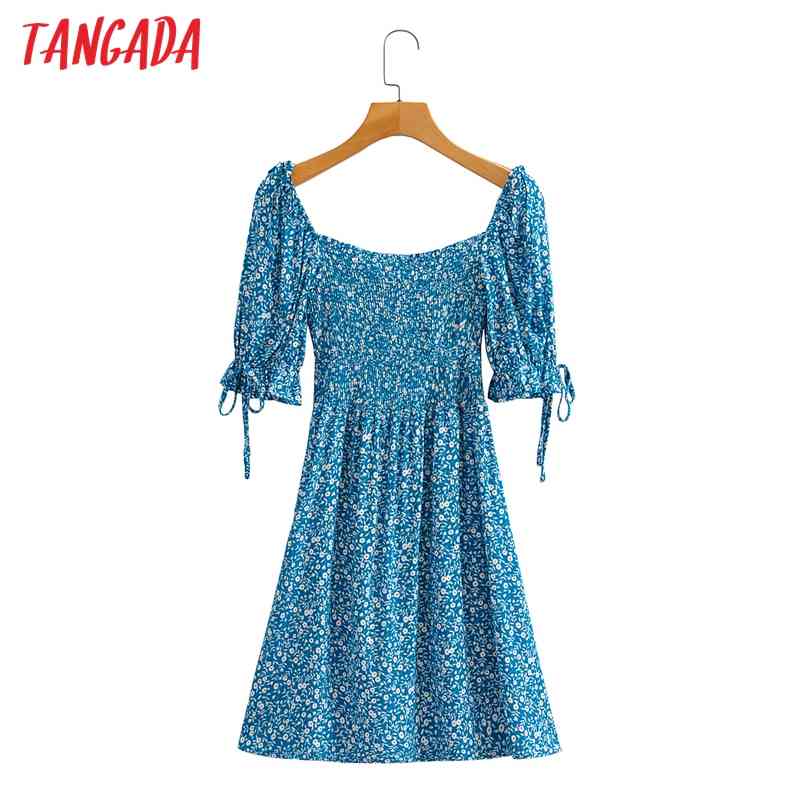 Summer Women Off Shoulder Blue Floral Square Neck Short Sleeve Ladies Mini Dress Vestidos 1F98 210416