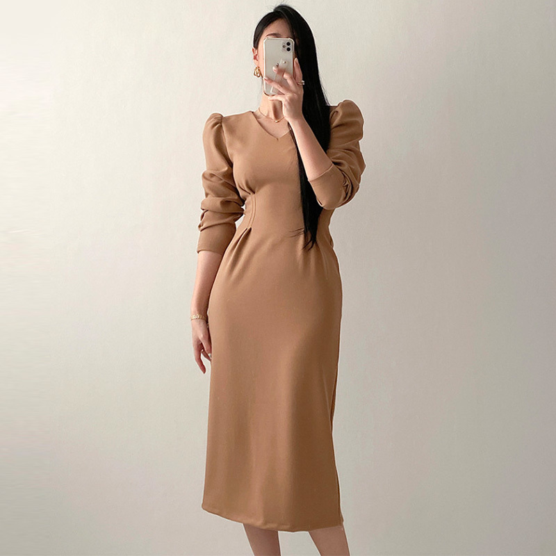 Fashion V-neck High Waist Women Dress Vintage Puff Sleeve Pleated Pencil Dresses Female Korean Chic Long Vestido De Mujer 210519