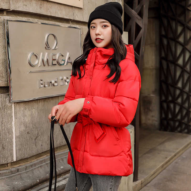 Women Autumn Winter Jacket With Belt Cotton Parkas Hooded Slim Short Jacket White Red Pink Black 211007wtt