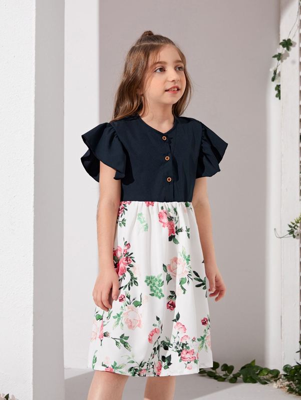 Girls Floral Print Ruffle Trim Dress SHE