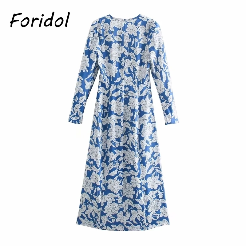 Foridol Floral Print Boho Spring Autumn Dress Women Long Sleeve Maxi Dress Vintage Blue Slit Long Beach Holiday Dress 210415