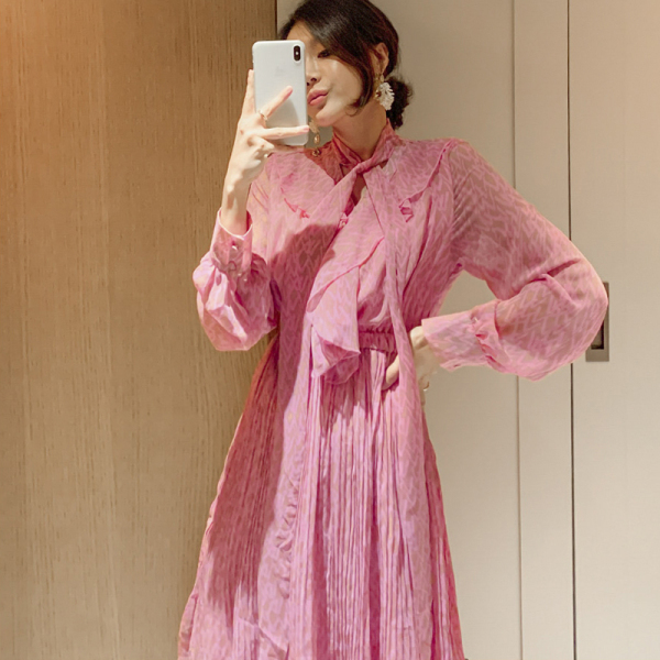 Spring Women's Pink Chiffon Print Lace Up Bow Casual Pleated Dress Elegant Long Sleeve High Waist Vestidos Dresses 210519
