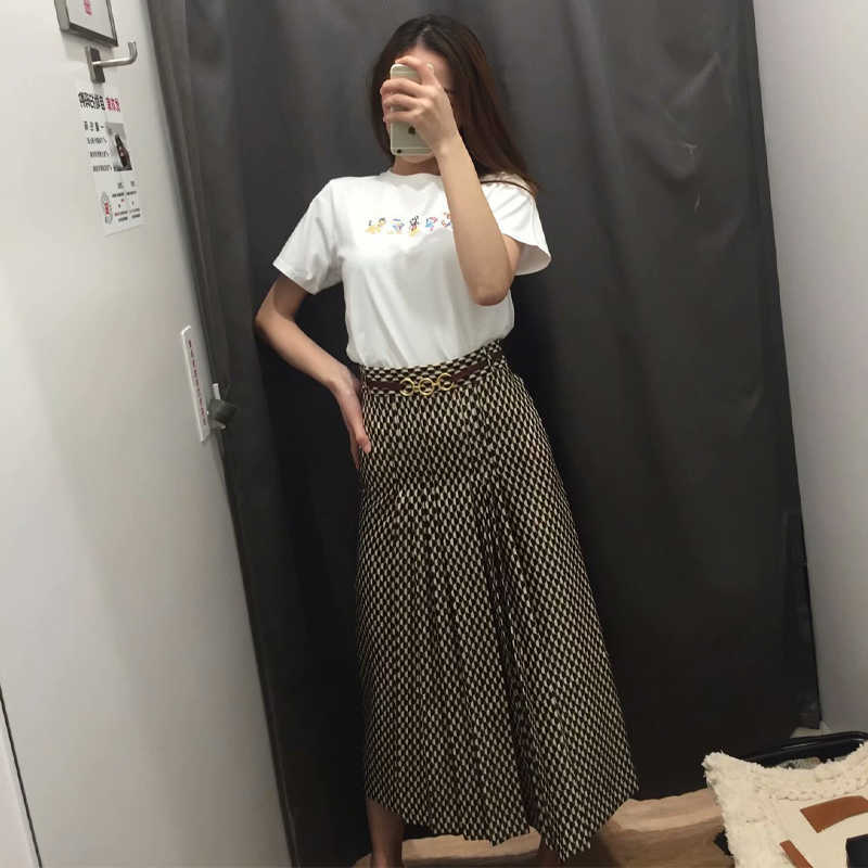oversized women fashion skirts autumn geometric print midi skirt casual vintage office with belt ladies long 210619