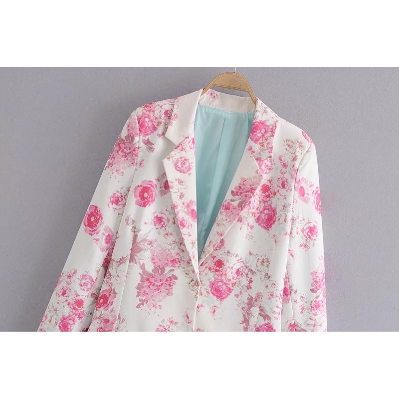 Autumn Pink Flower Print Blazer White Vintage Women Notched Long sleeve one button Loose Suit Back Slit Casual Coat Outwear 210429