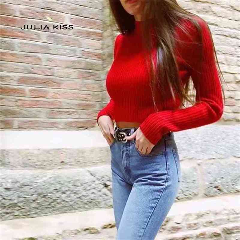 Women Mock Neck Ribbed Crop Sweater Long Sleeve Knit Top 210512