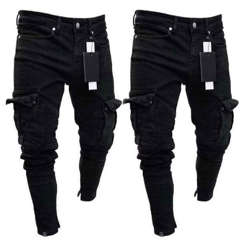 Men's Jeans 2021Fashion Black Jean Men Denim Skinny Biker Destroyed Frayed Slim Fit Pocket Cargo Pencil Pants Plus Size S-3XL Fashion