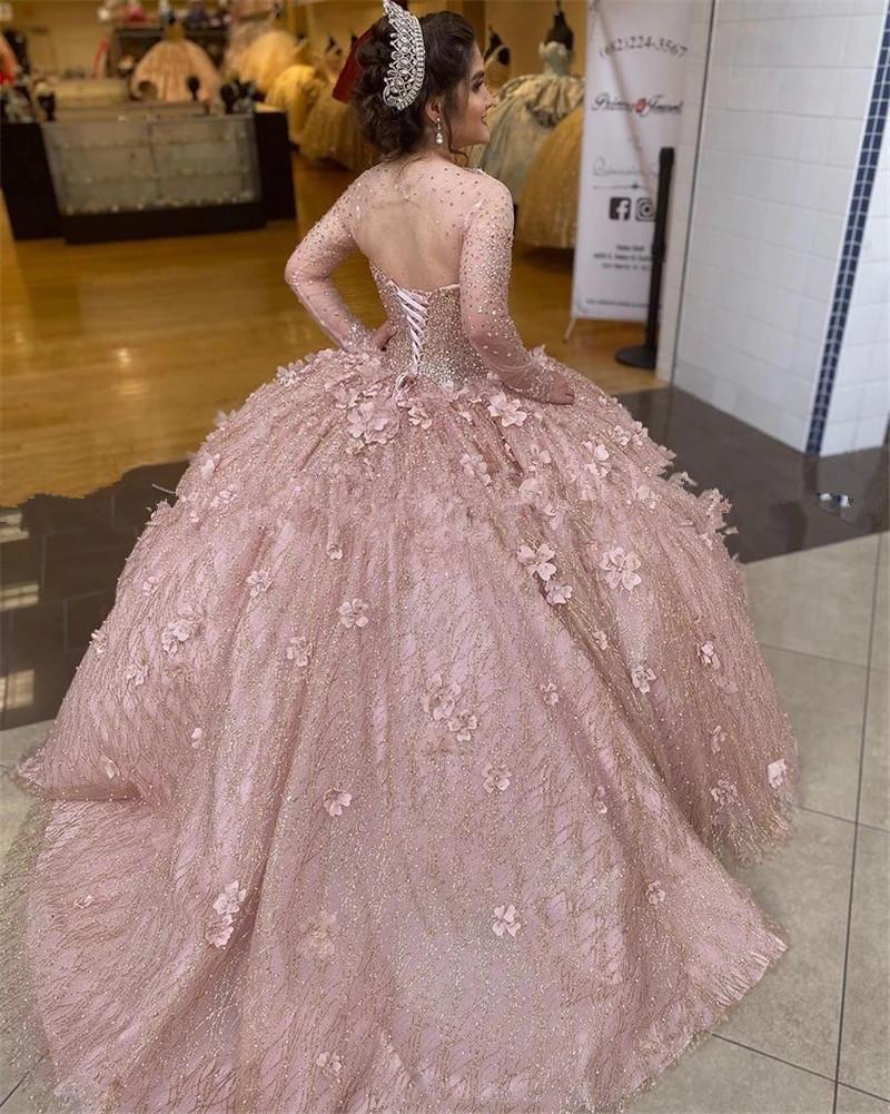 Pink Sparkly Blush Sequined Ball Gown Quinceanera Dresses Bridal Gowns Illusion Lace Up Corset Long Sleeves Sweet 16 Dress With Flowers Vestidos De Xv
