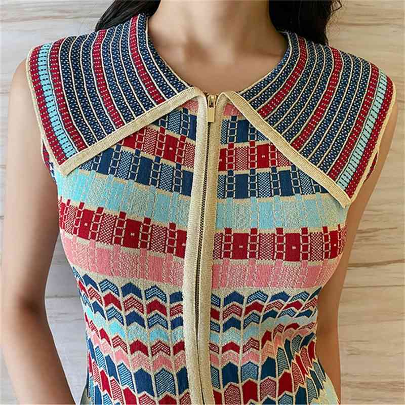 Vintage Summer Fashion Plaid Knitted Dress Women Sleeveless Lapel Collar Casual Zipper Slim Mini Female Vestidos 210519