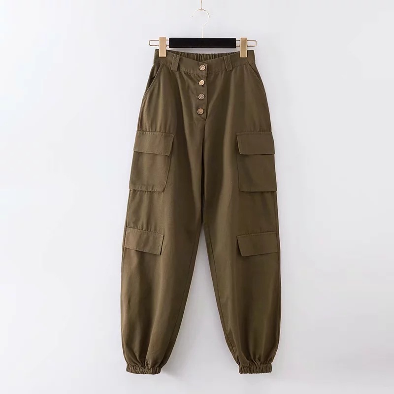 Nomikuma BF Style Women Cargo Pants Single Breasted High Waist Harem Pants Autumn New Pockets Femme Long Trousers 6C933 210427