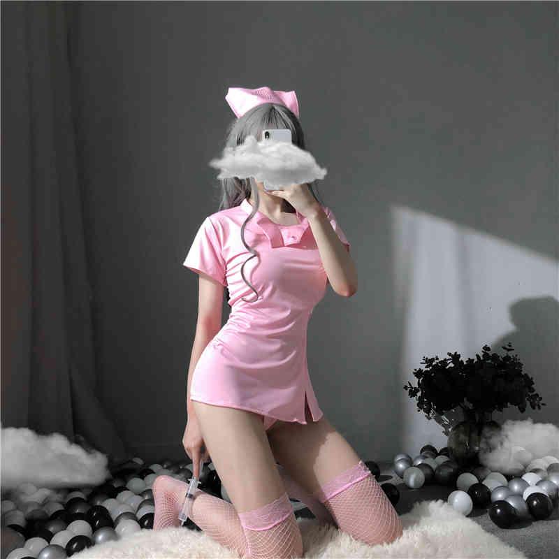Japanese Maid School Girl Pink Kawaii Doctor Roleplay Outfit for Woman Nurse Cosplay Sexy Costumes Women Lingerie Set Anime, Pink with stocking