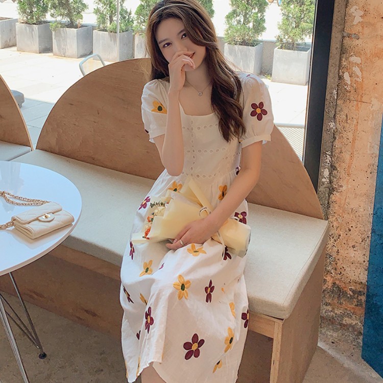 Women Dress Korean Summer Elegant Vintage White Embroidery Floral Puff Sleeve High Waist Slim Midi Dresses Femme Vestidos 210519