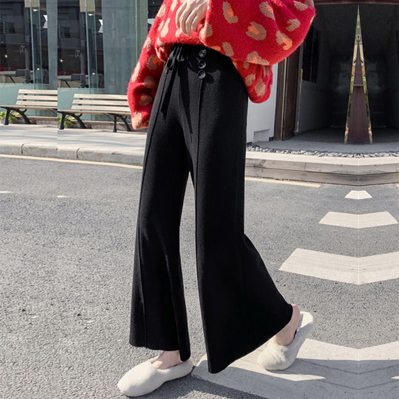 Nomikuma Knitted Buttons Wide Leg Pants Lace Up High Waist Women Trousers Autumn Winter Causal Solid Sweater Pants 6D307 210427