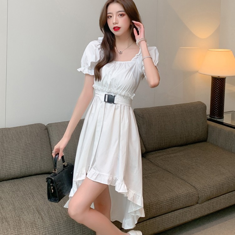 Women Black Party Dress Elegant Square Collar Casual Irregular Ruffles Chic Fashion 210519