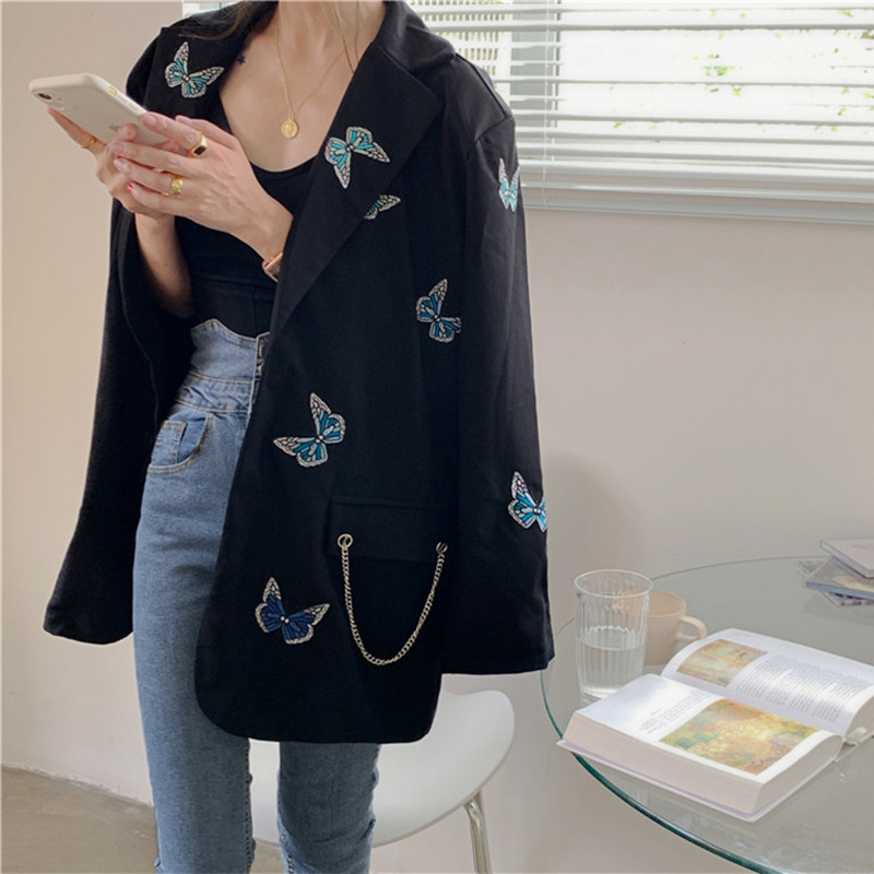 OL Fashion Single-breasted Butterfly Embroidery Blazer Coat Women Elegant Tops Notched Suit Jacket Loose Blazers 210421