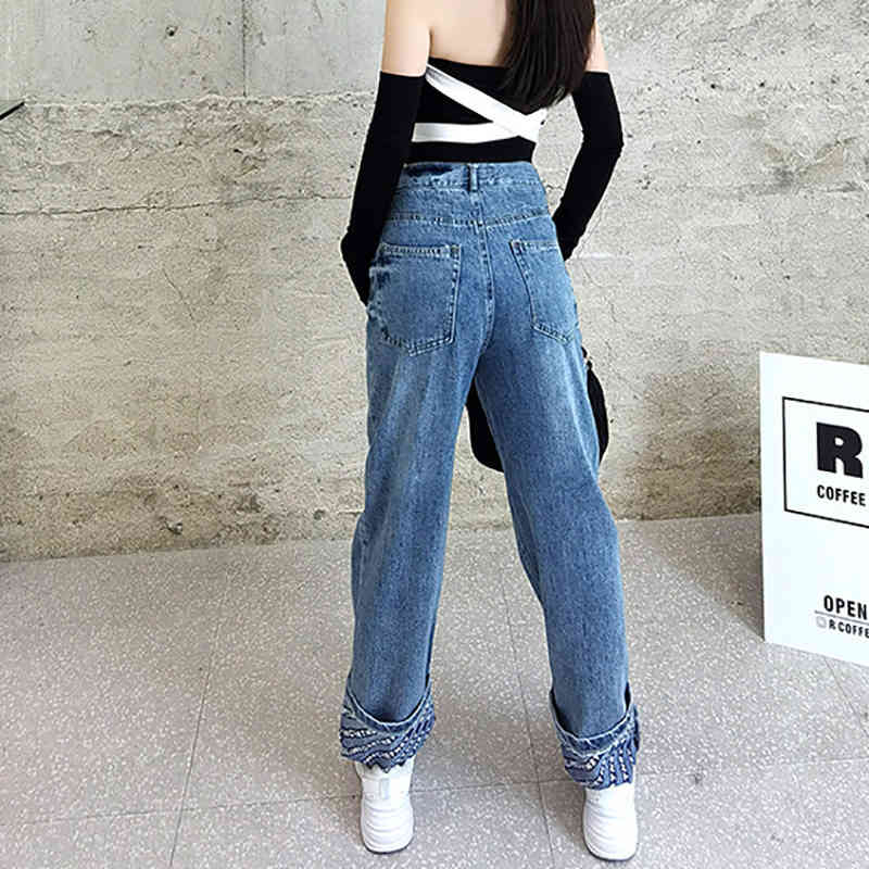 Turnup Letter Jeans Women's Spring Autumn High Waist Blue Loose Straight Denim Pants Female Fashion 5E187 210427