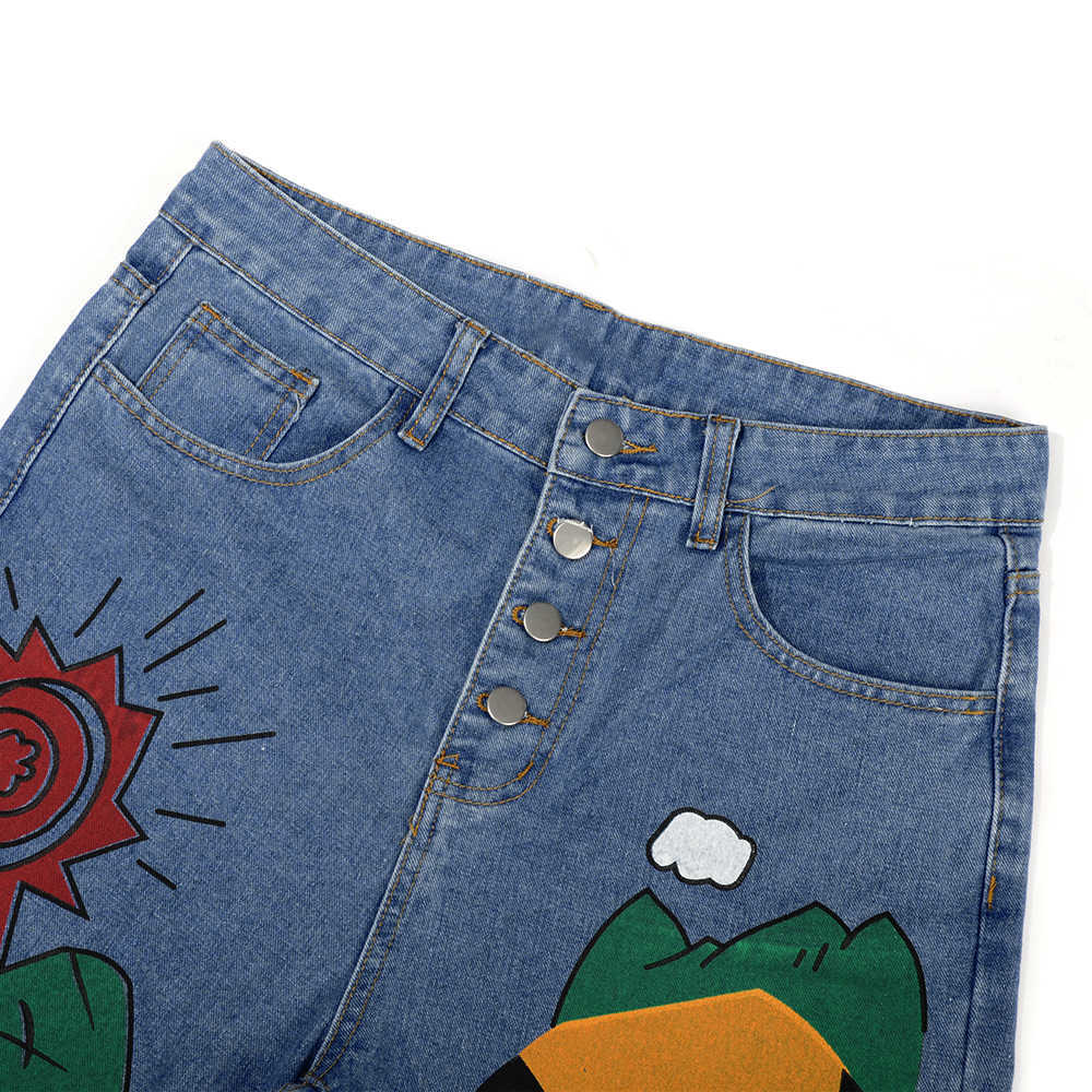 Womens Cartoon Jeans Spring Women Printed Casual Trousers Long Pant Single Breasted Vintage Female Hight Waist Denim 210922