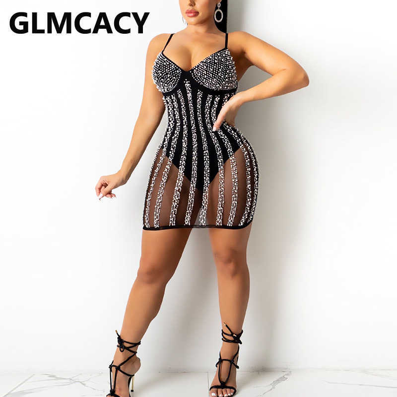 Spaghetti Strap Diamond Embellished Mesh Dress Sexy Night Party Club Mini Dress 210702