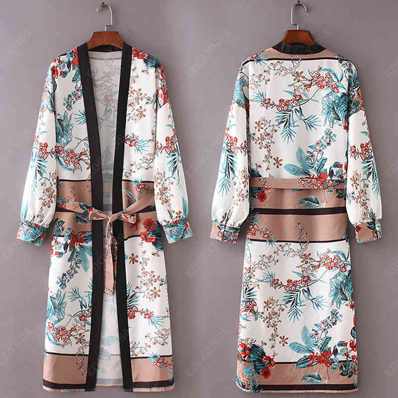 Bikini Cover-ups Boho Printed Belted Long Kimono Cardigan White Cotton Tunic Women Vintage Beach Wear Swim Suit Cover Up A229 210420