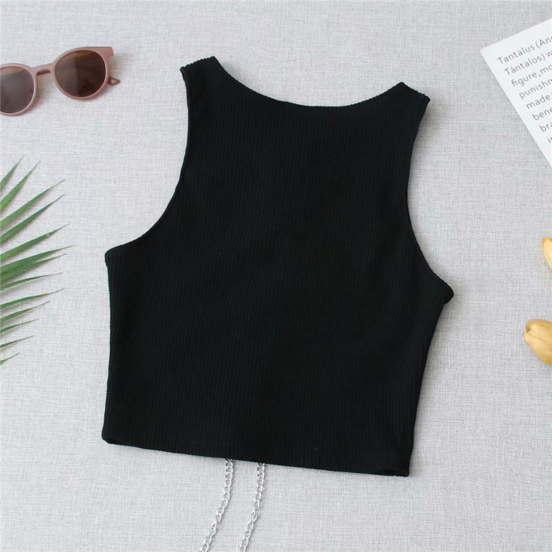 Evfer Spring Summer Fashion Sexy Lady Front Chain Drawstring Knitted Short Vest Women Stylish O-Neck Sleeveless Black Tops Chic 210421