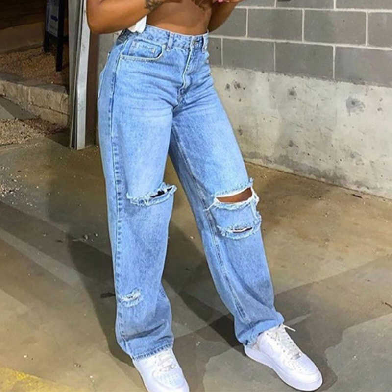 2XL Wide Leg Jean Holes Ripped Hollow Out High Waist Zipper Fly Denim Blue Black Vintage Pants 210809