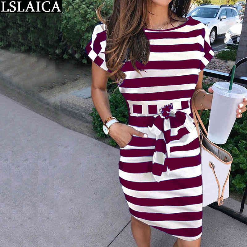 Casual Dresses For Women Short Sleeve o Neck Striped Sashes Female Midi Plus Size Streetwear Summer Kleider 210515