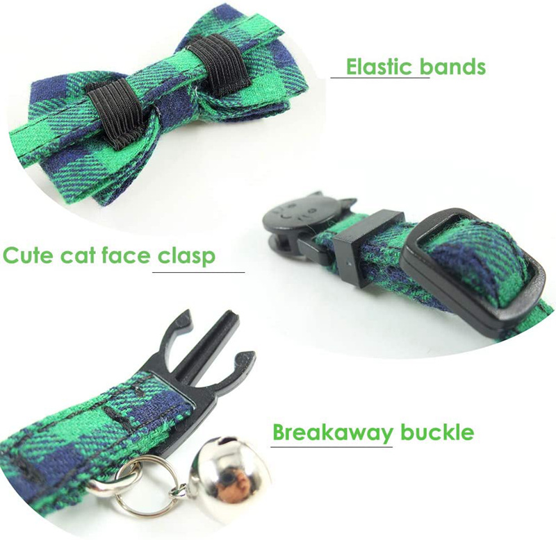 14 Colors Fashion Cat Collar Breakaway with Bell and Bow Tie Plaid Design Adjustable Safety Kitty Kitten British Style Collars Set 6.8-10.8in Blue