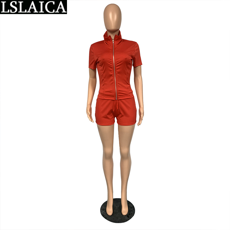 Clothes Women Zipper Slim Casual Elastic Waist Short Sleeve Two Piece Outfits for Fitness Tracksuit Roupas Femininas 210520