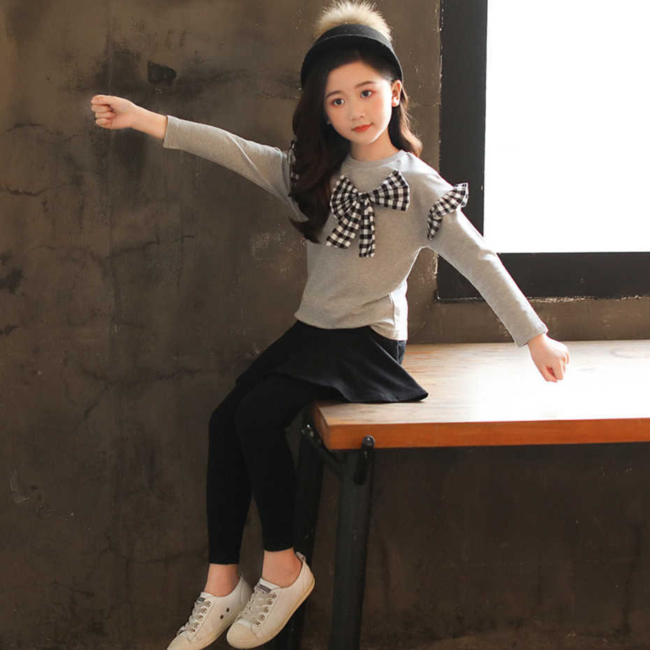 Girls Clothes Set Bow Shirt+Legging 2 Pcs Autumn Suit For Winter Kids Casual Teenage Clothing 4 6 8 12 Years 210528