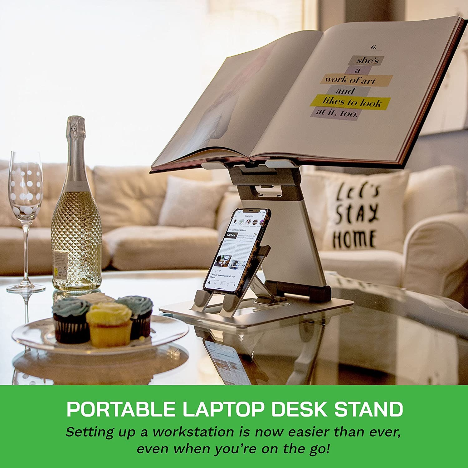 minder Laptop Tower II Stand with Integrated Smartphone Stand, Portable Laptop and Phone Stand, Foldable Laptop Stand, Ergonomic Stand