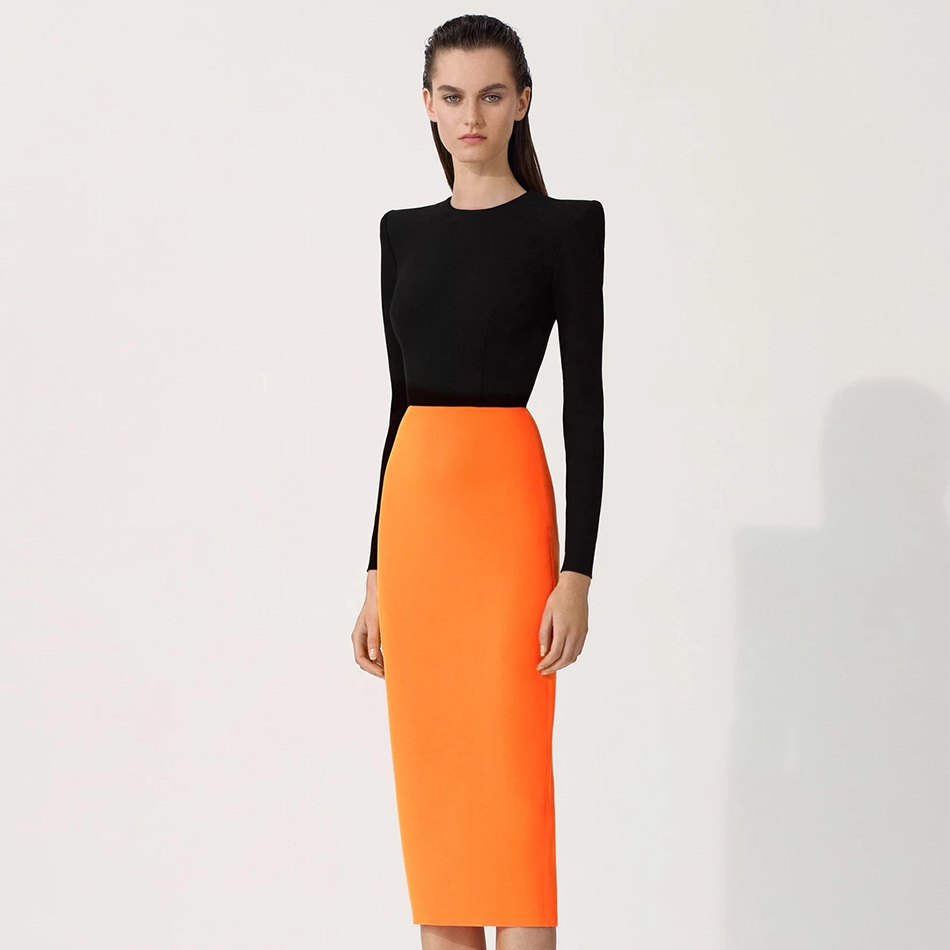 Winter Women Long Sleeve Bandage Dress Sexy O Neck Black Patchwork Midi Club Celebrity Runway Party Bodycon 210423