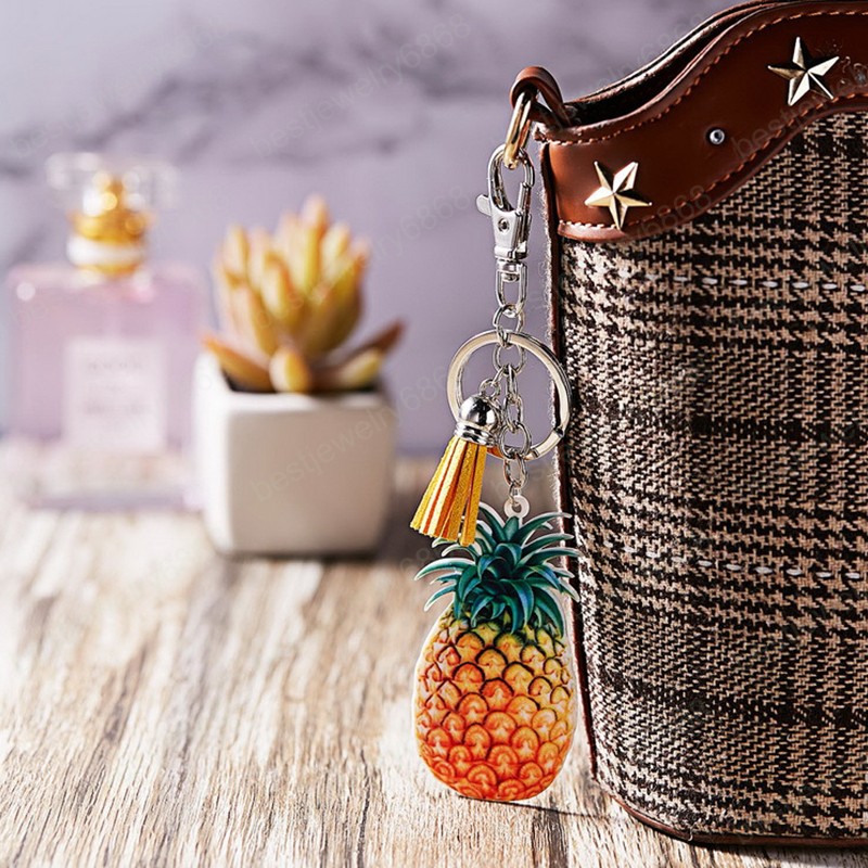 Fashion Fruit Acrylic Keychain For Woman Watermelon Orange Tomato Pineapple Pendant Tassels Key Chains Couple Bag Ornament Gift