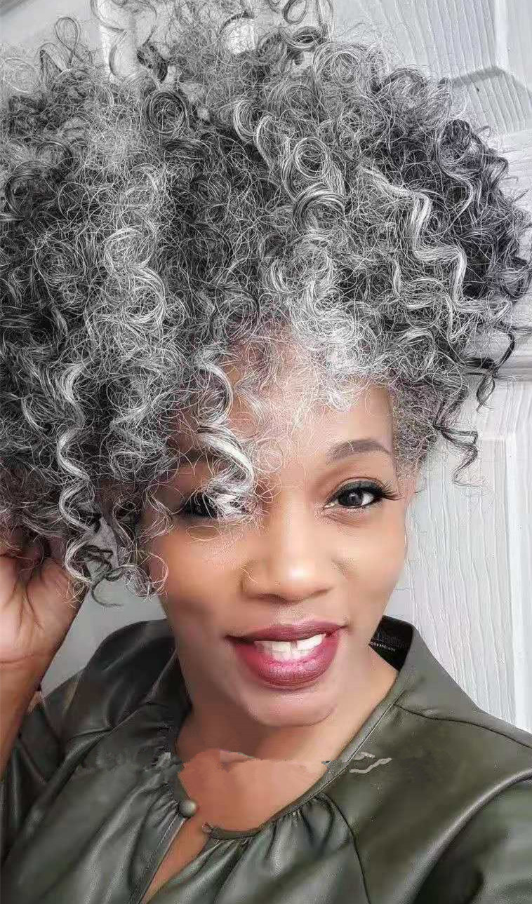 Salt and pepper grey curly brazilian hair ponytail african style puff 14inch silver gray 100% human pony tail extension for black women