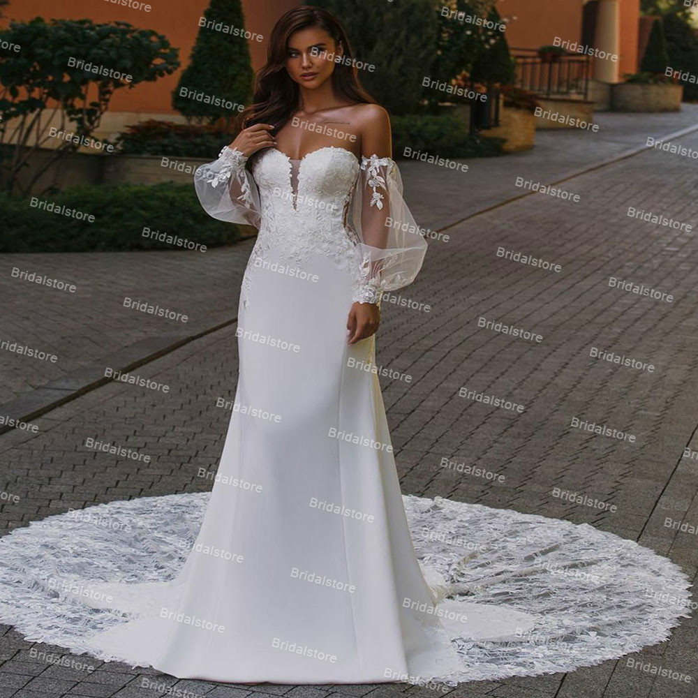 Gorgeous Puff Sleeve Mermaid Wedding Dress 2021 Plus Size Satin Backless Boho Beach Bridal Dresses Sweep Train Country Bride Robes De Mariage