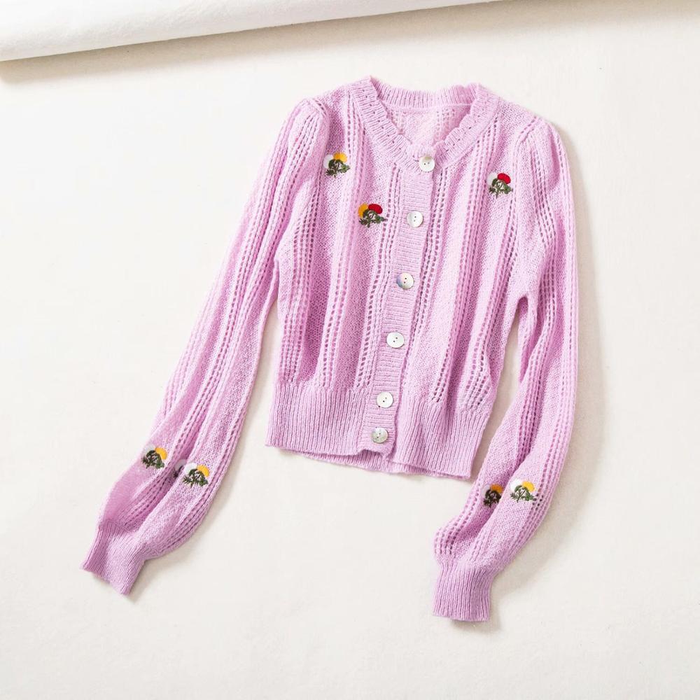 French Style Retro Embroidery Knitting Hole Button Through Crop Pointelle Knit Cardigan Sweater Woman O neck Long Sleeve Jumper 210429