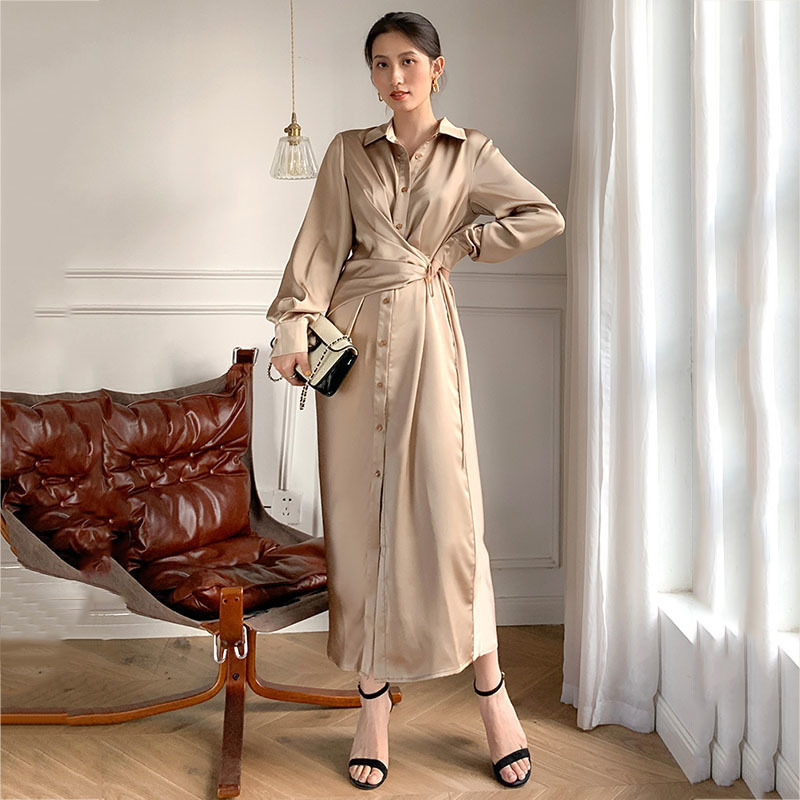 [EAM] Women Champagne Silky Sashes Elegant Slim Dress Lapel Long Sleeve Loose Fit Fashion Spring Autumn 1DD7317 21512